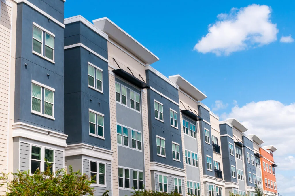 exterior of a blue and grey building in South Florida